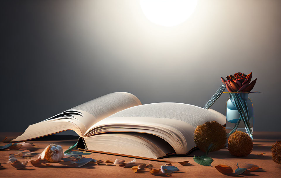 Open book with fluttering pages, feather bookmark, lotus lamp, and fallen leaves in warm light