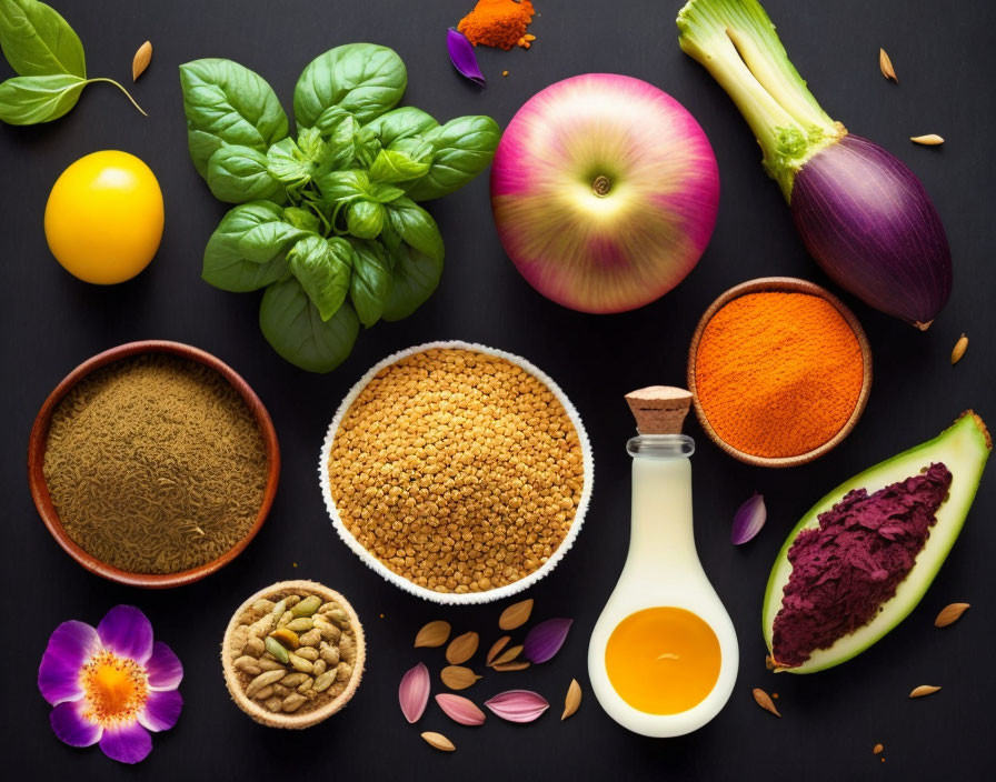 Fresh Ingredients: Herbs, Spices, Vegetables, and Grains on Dark Background