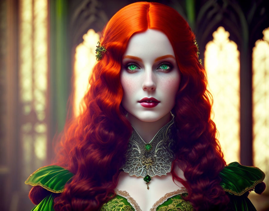 Vibrant red-haired woman in green and gold dress portrait