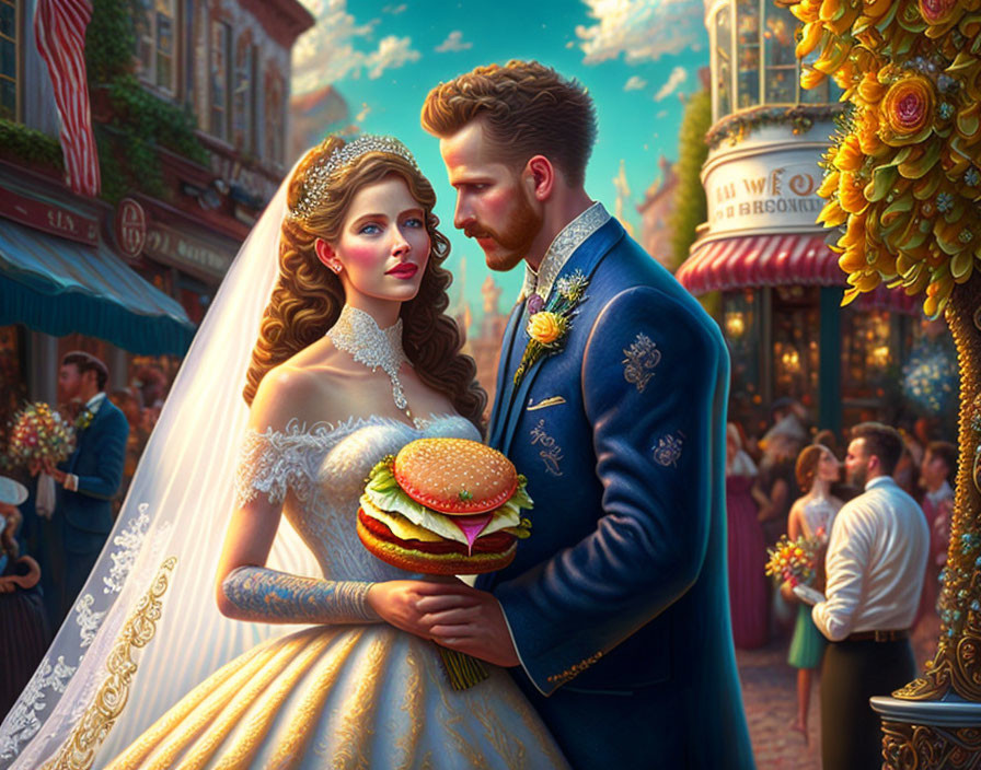 Illustrated surreal wedding scene with hamburger-headed groom and festive street backdrop