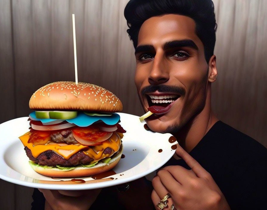 Detailed Illustration of Smiling Man with Large Cheeseburger