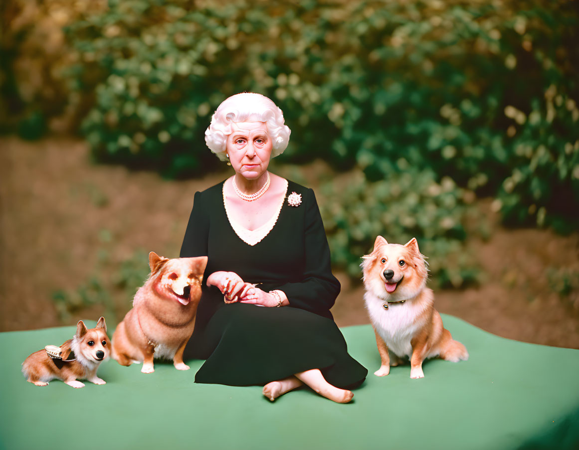 Elderly woman with white hair sitting with three Corgi dogs in black attire