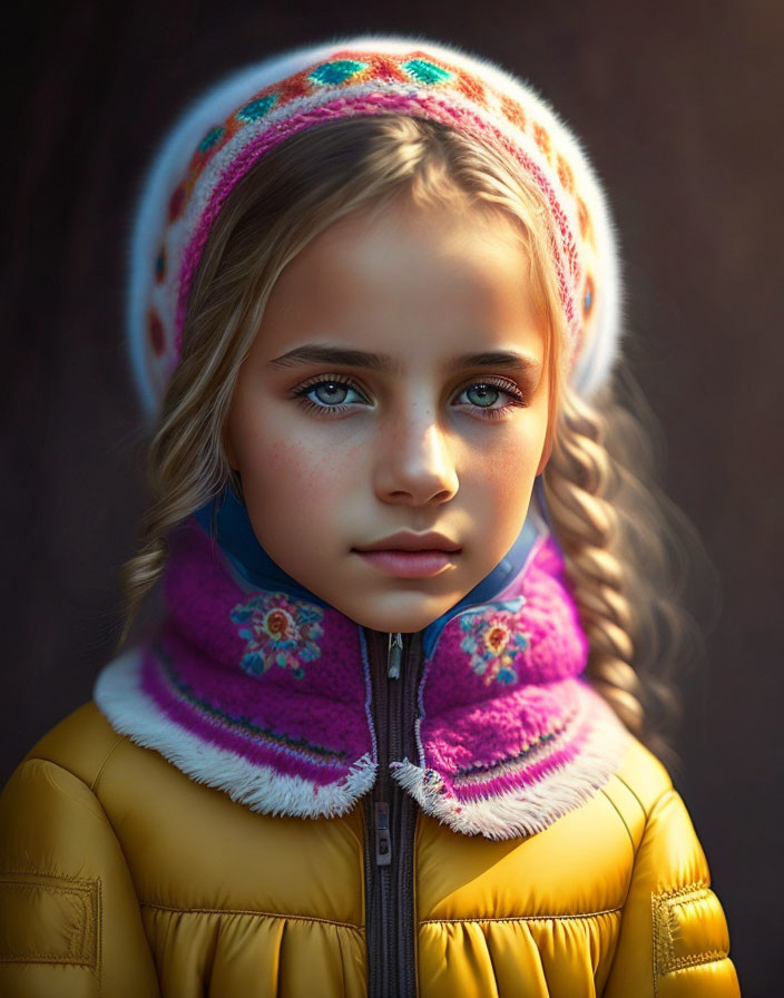 Young girl with blue eyes, wavy hair, colorful headband, yellow jacket with pink fur collar