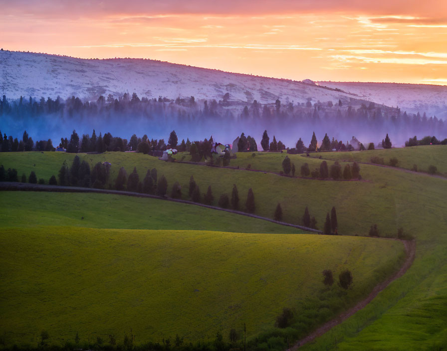 Scenic sunrise over misty green landscape with rolling hills