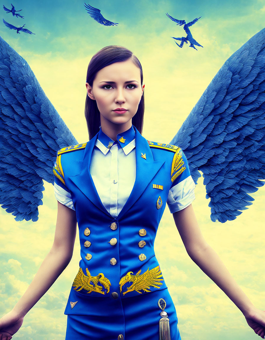 Dark-haired woman in blue uniform with angel wings in sky setting