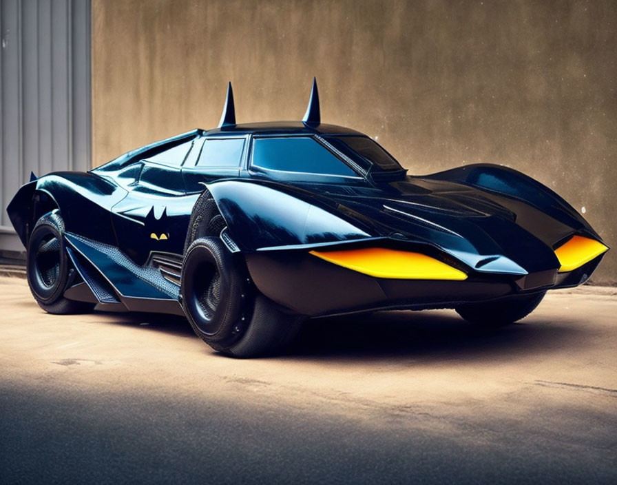 Black Batmobile with Fins and Yellow Accents in Dimly Lit Garage
