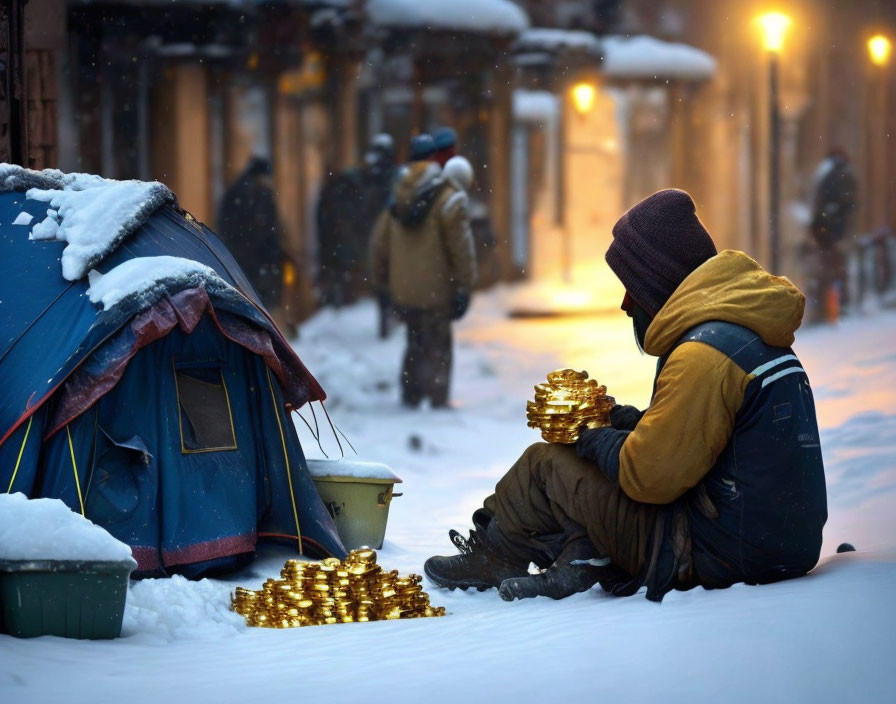 Person holding golden tokens near snow-covered shelter in urban setting.