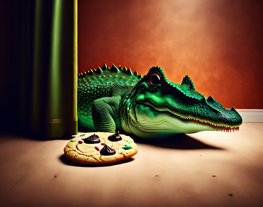 Colorful Crocodile with Giant Cookie and Green Curtain on Brown Background