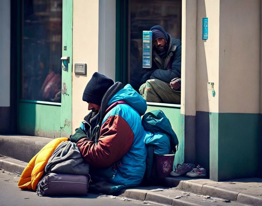 Two homeless individuals near building entrance, one wrapped in blanket, other watching.