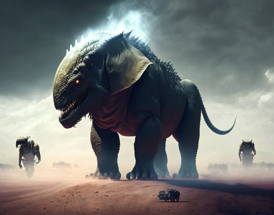 Gigantic Armored Dinosaur with Small Dinosaurs and Futuristic Vehicle in Dusty Landscape