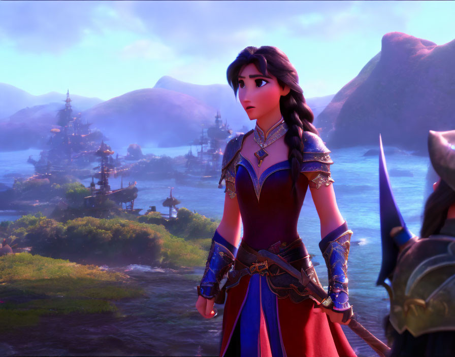 3D animated young woman in blue and purple armor with fantasy landscape and water