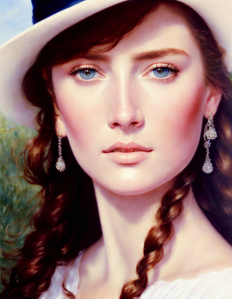 Blue-eyed woman in hat and drop earrings with braided hairstyle outdoors