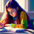 Colorful Illustration of Young Woman Writing in Prism-Lit Room