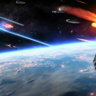 Vibrant space battle scene with spacecraft and explosions
