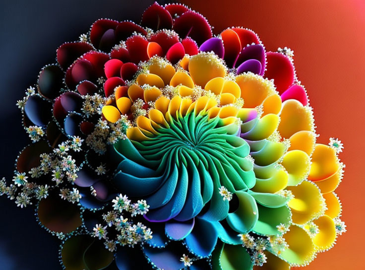 Vibrant fractal image of colorful flower petals in spiraling pattern