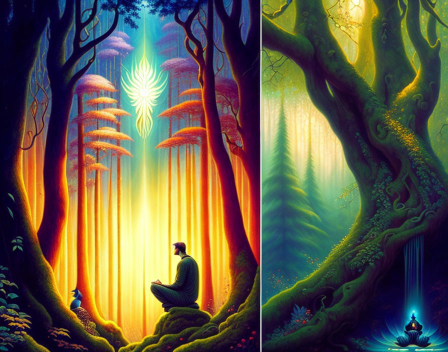 Split image of mystical forest with meditating figure and fantastical elements