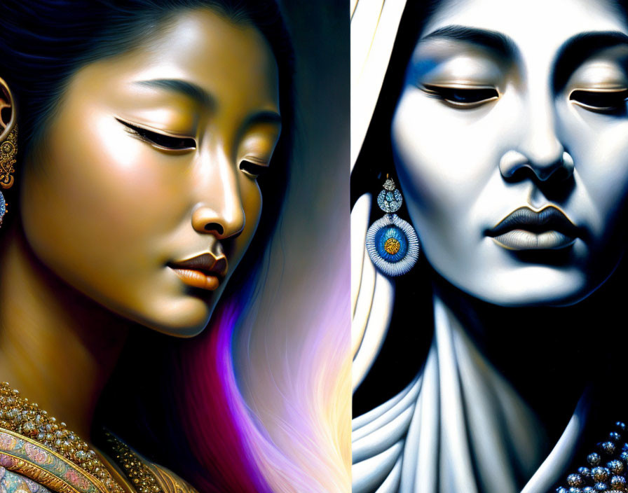 Artistic Depictions of Woman with Closed Eyes: Color vs. Monochrome with Detailed Jewelry and Smooth