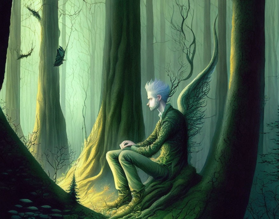 Pale-skinned person with white hair sitting on tree root in mystical green forest with twisted trees and flying