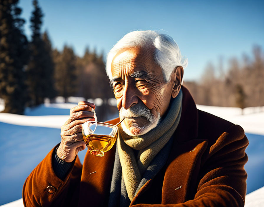 Elderly man with white hair and mustache drinks whiskey in snowy setting