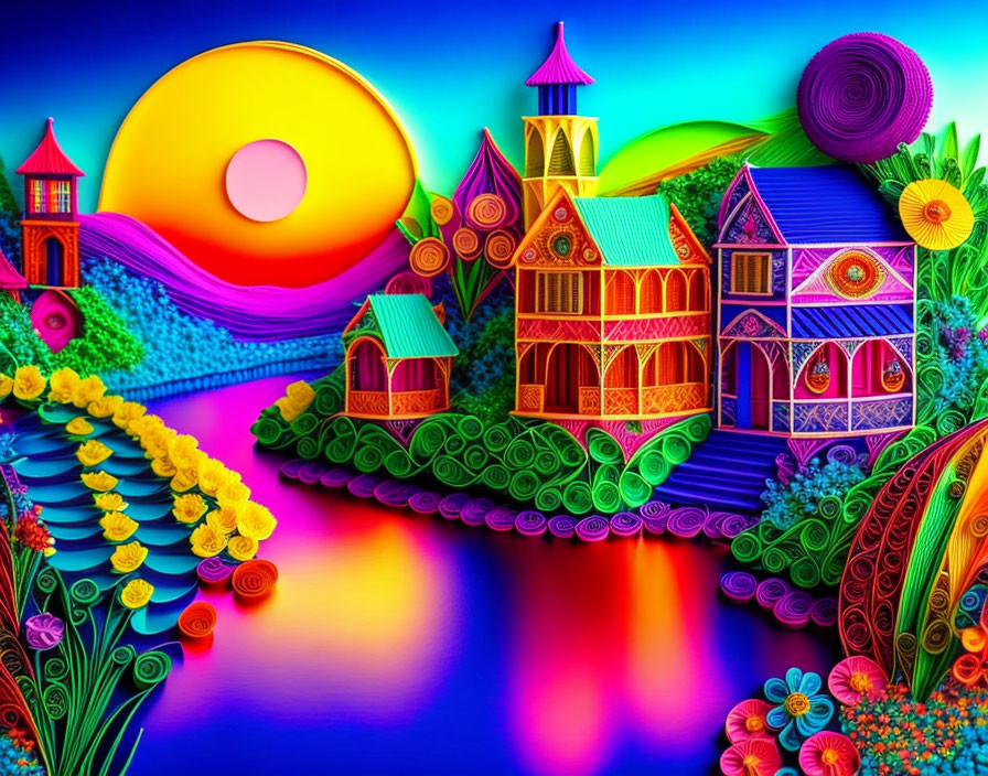 Colorful Landscape with Quilled Paper-Style Elements