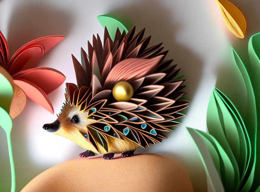 Colorful Stylized Hedgehog Surrounded by Paper-Like Flowers