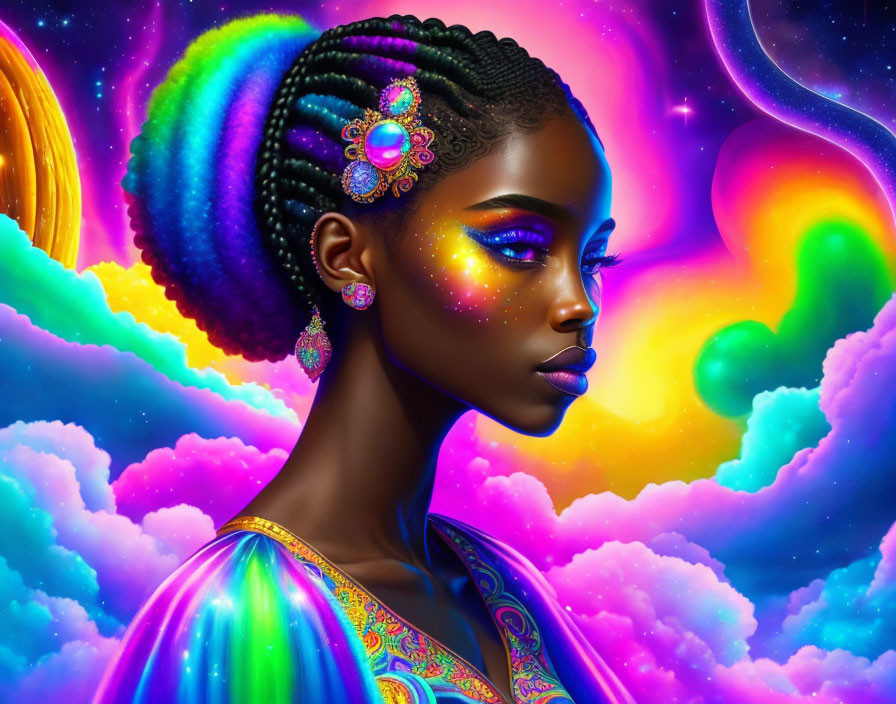 Colorful digital artwork of woman with cosmic theme, African braids, glowing makeup
