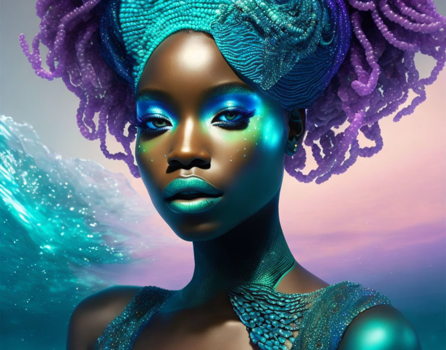 Vibrant digital artwork featuring woman with blue skin and coral-like hair
