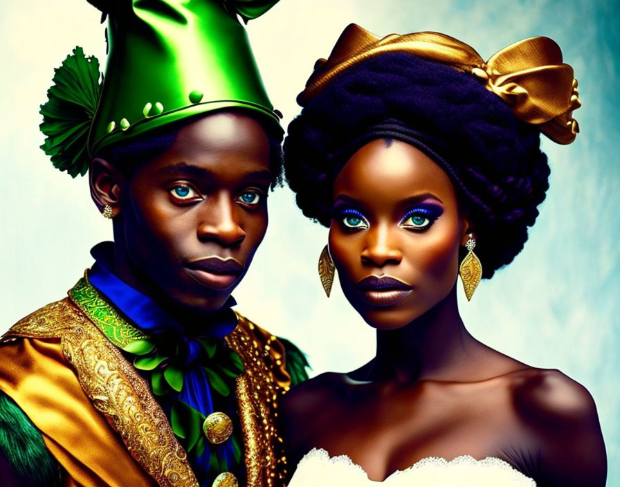Man and woman in vibrant African garments with striking makeup