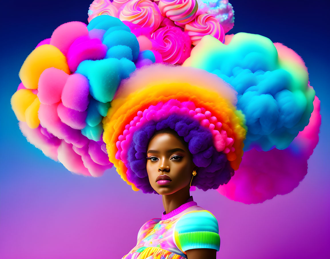 Colorful Portrait of Woman with Cloud-Like Hair Collage on Violet Background