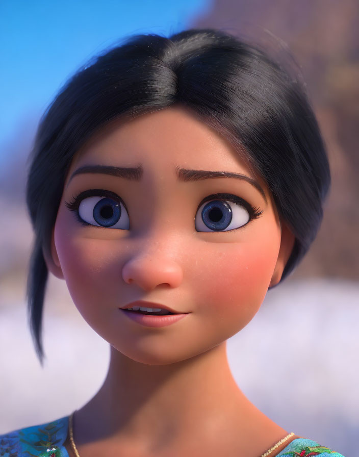 3D-animated female character with blue eyes and black hair in natural setting