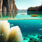 Underwater scene with corals, fish, and towering cliffs above serene water.