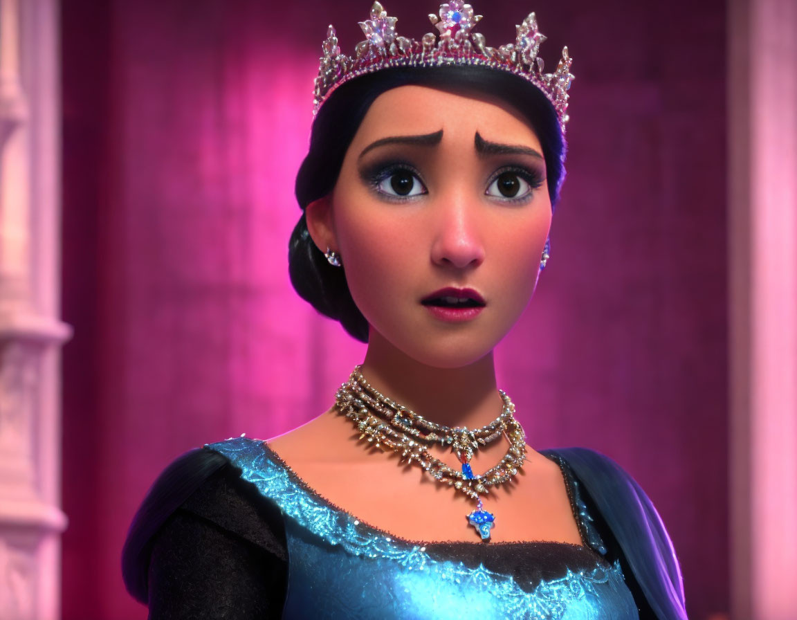 Animated princess with tiara and jewelry in royal setting, displaying worry.