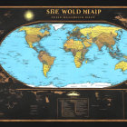 Stylized world map with gold continents and glowing blue oceans in dark border