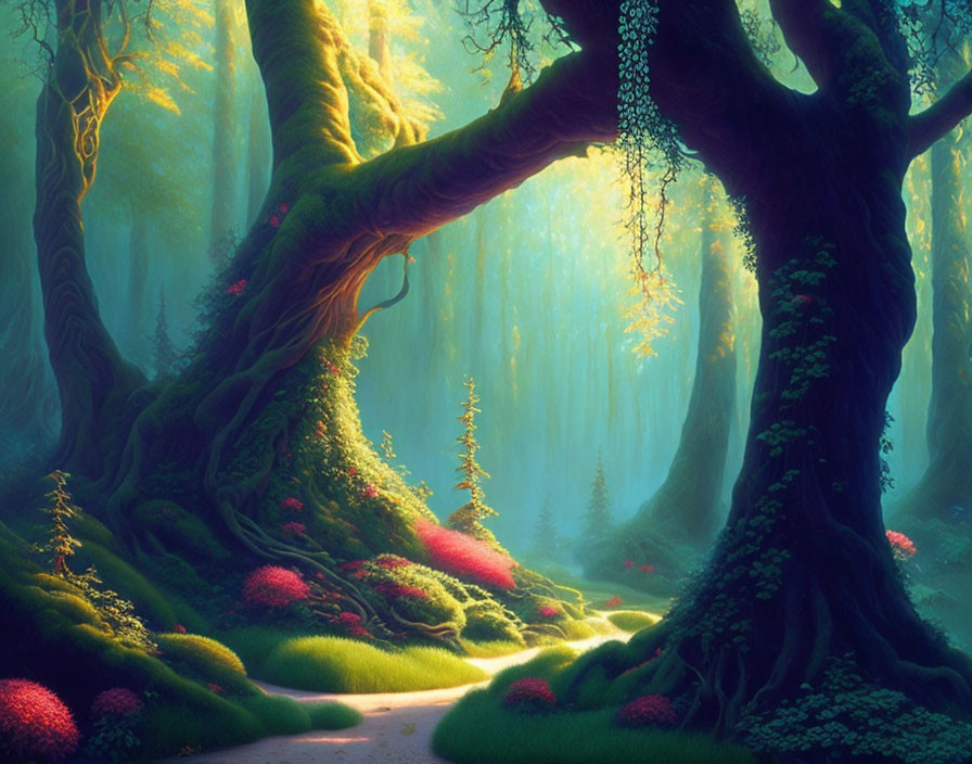 Mystical forest with towering trees, sunlit path, green moss & hanging vines