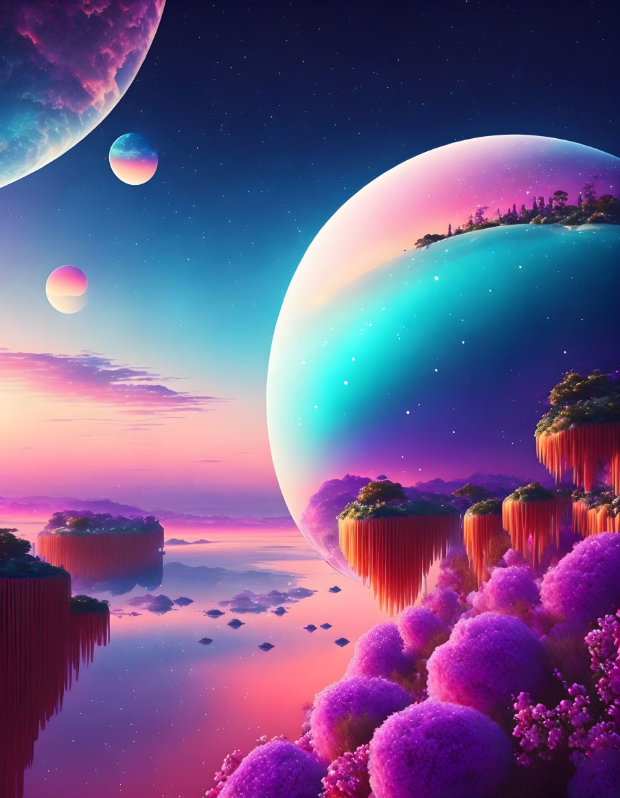 Colorful fantasy landscape with floating islands, purple foliage, waterfalls, and large planets.