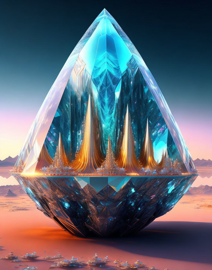 Intricate crystal object in desert landscape at sunset