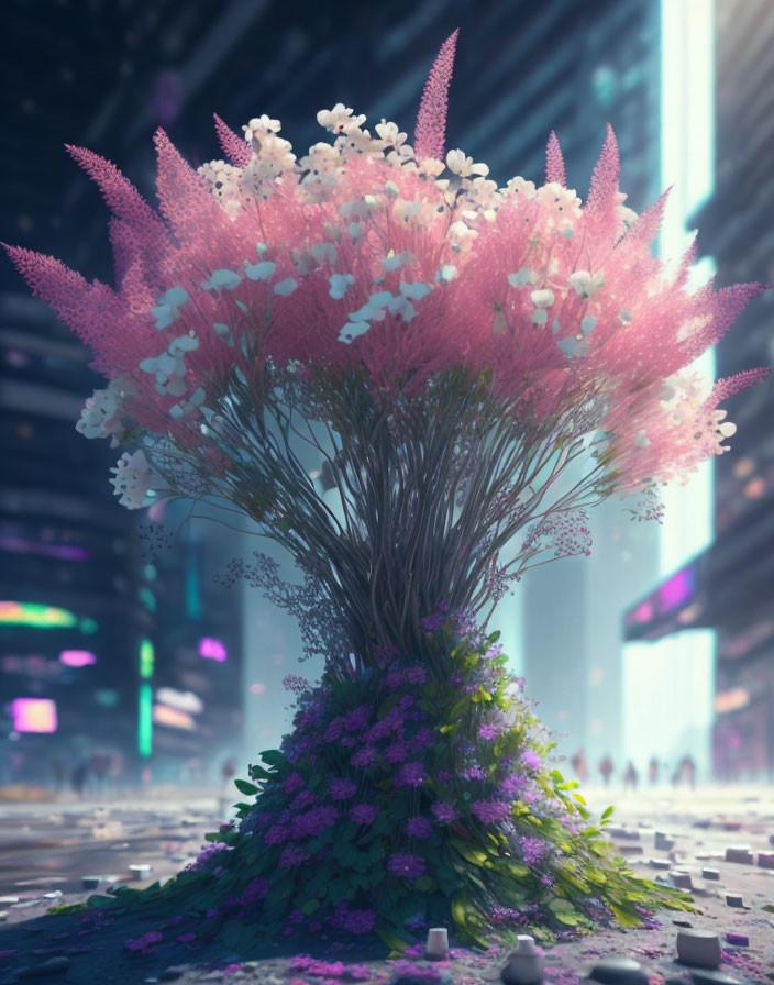 Colorful digital artwork: Fantastical tree with pink and white blossoms in neon-lit urban