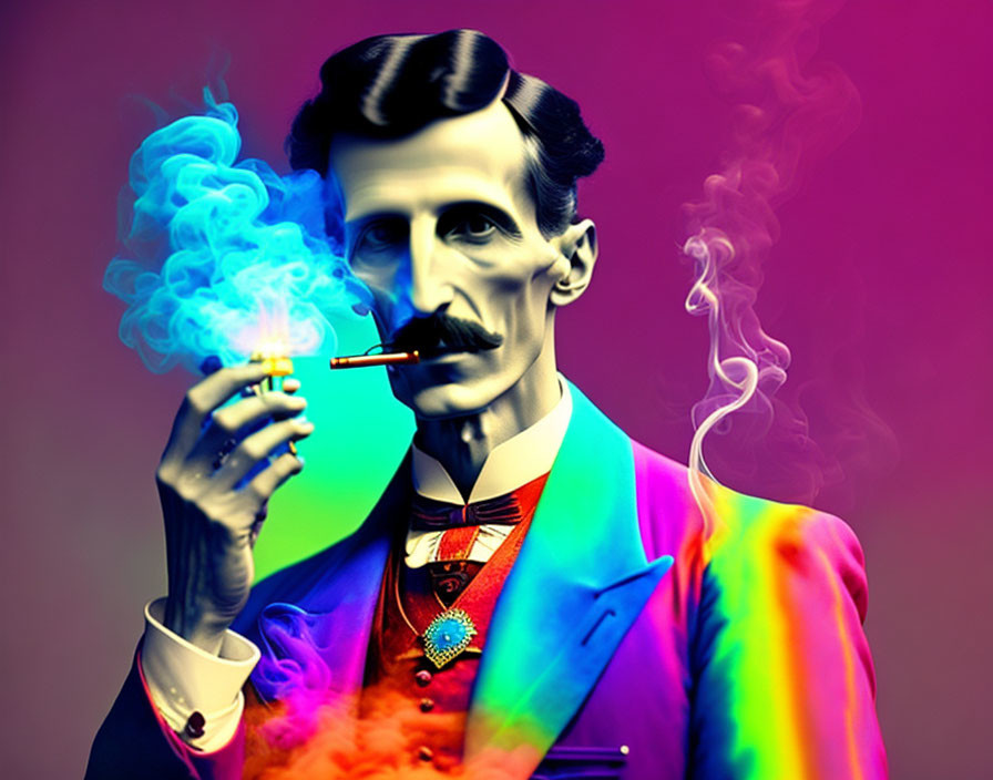 Vibrant artwork of man smoking with mustache on neon background