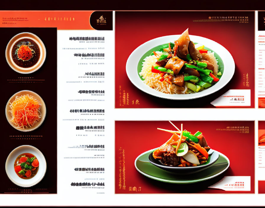 Menu dishes with Chinese script, soups and main courses on elegant white plates.