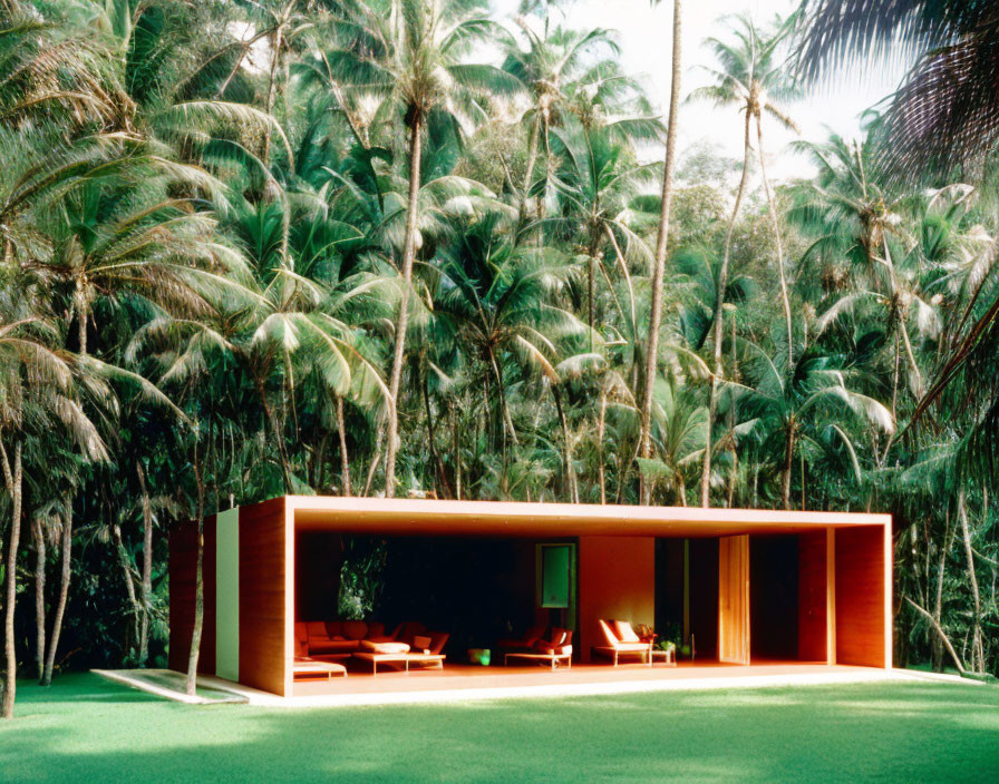 Modern Open-Air Pavilion with Wooden Walls in Palm Grove
