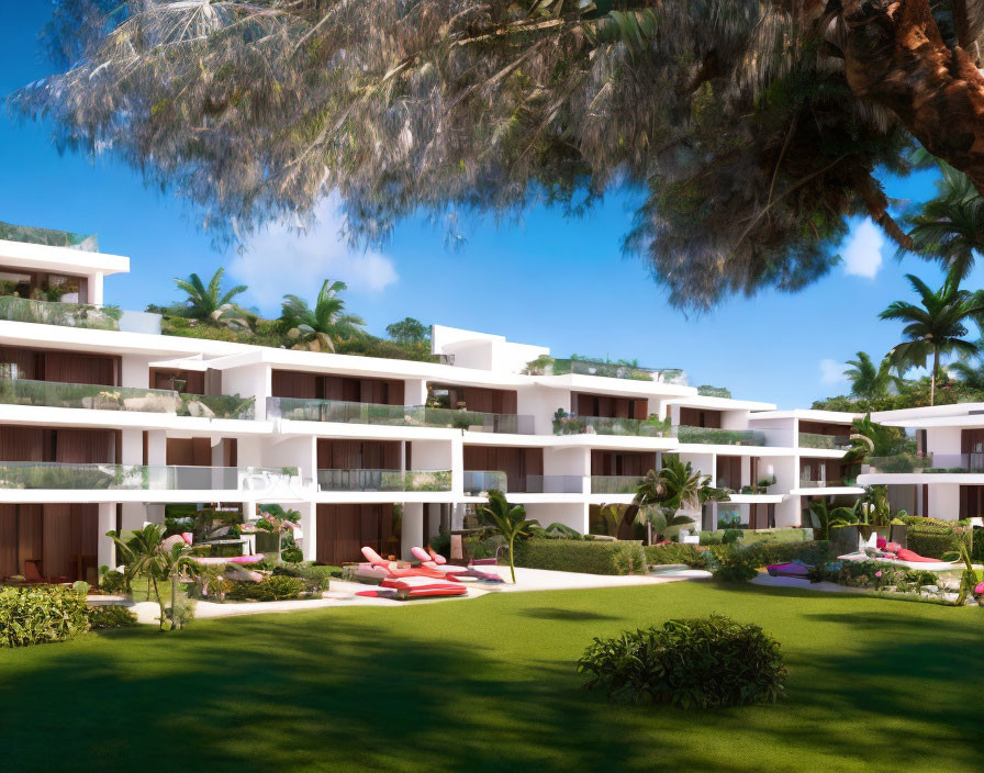 Modern luxury tropical resort with white buildings, palm trees, and sun loungers under blue skies