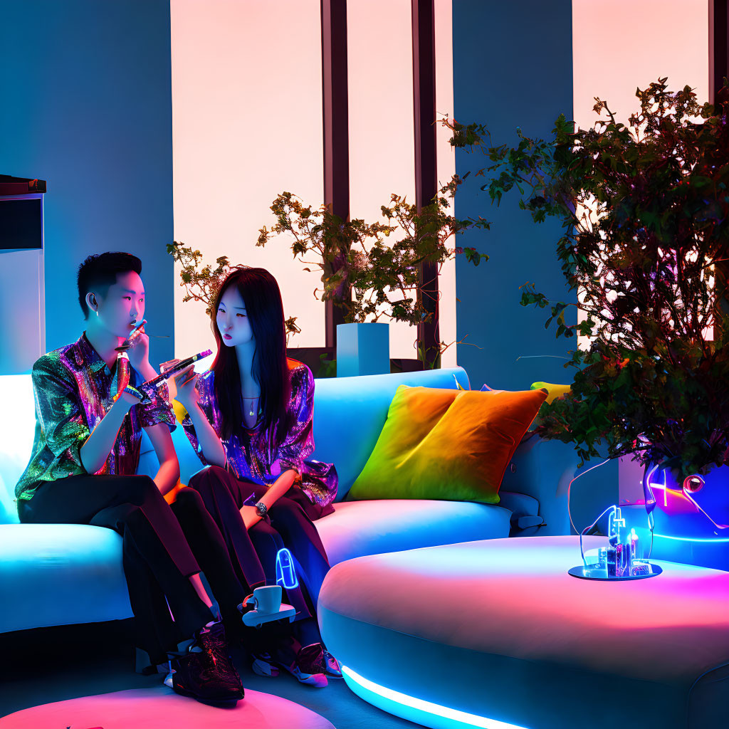 Neon-lit room with modern furnishings and colorful lighting