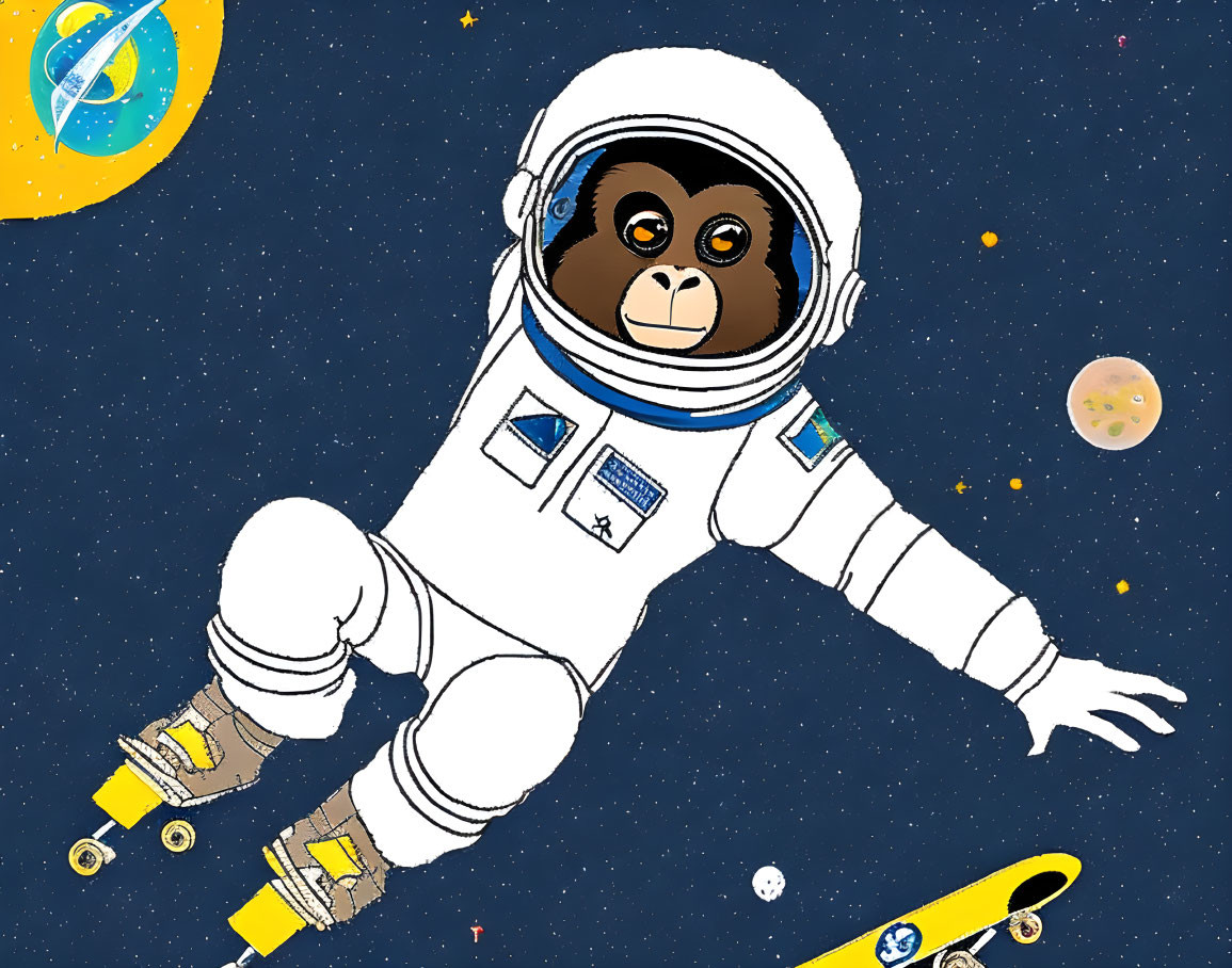Sloth astronaut skateboarding in space among stars