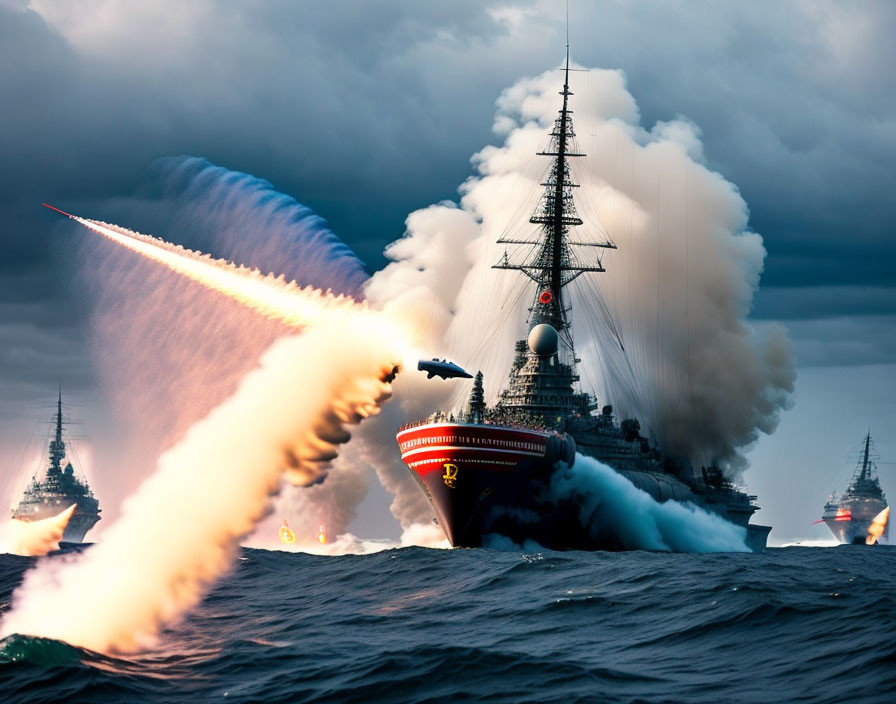 Warships launching missiles in stormy sea.