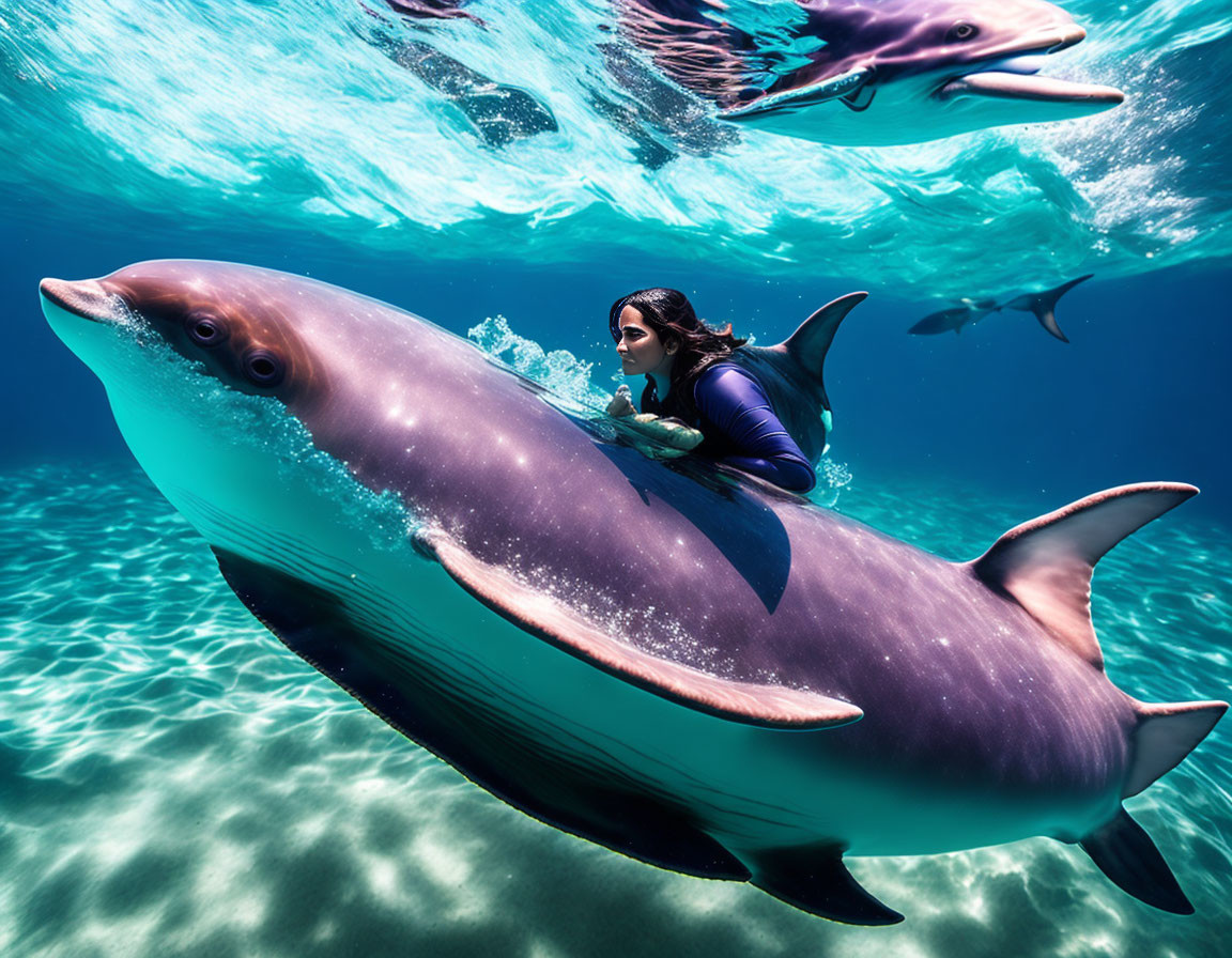 Swimmer with Two Dolphins in Clear Blue Ocean