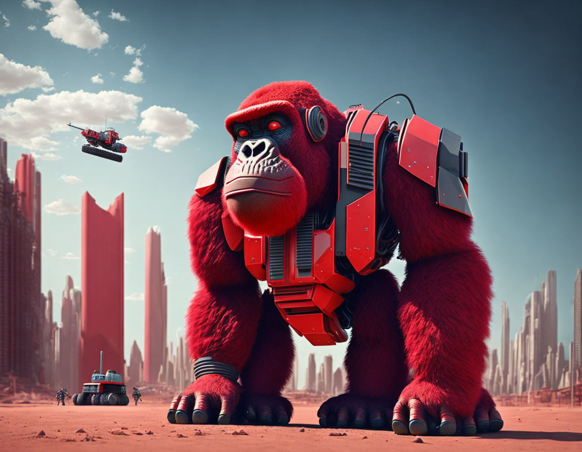 Futuristic cityscape featuring large mechanized gorilla in red armor
