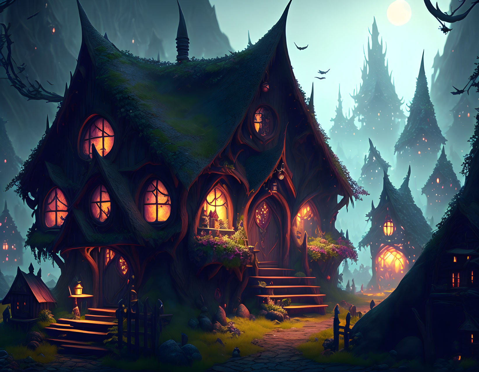 Magical forest village illustration at twilight with whimsical houses