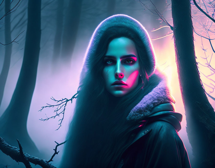 Mysterious woman in neon-lit forest with magical aura