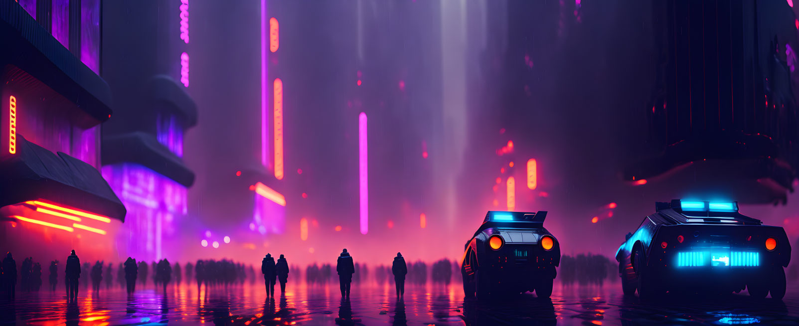Futuristic twilight cityscape with neon lights and hover cars