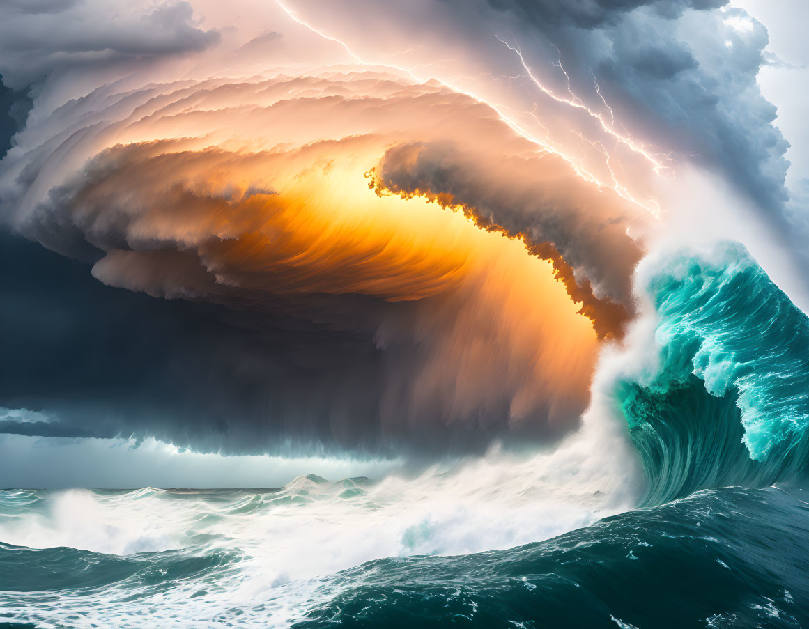 Dramatic seascape with towering breaking wave and stormy sky